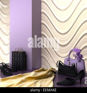 Fashion store showcase render with shoes, bags and dress Stock Photo