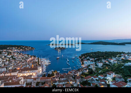 Aerial view of coastal town on hillside, Hvar, Split, Croatia Stock Photo