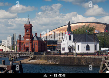 Cardiff Bay general daytime view with Pierhead Building, Wales Millennium Centre and Norwegian Church Cardiff South Wales UK Stock Photo