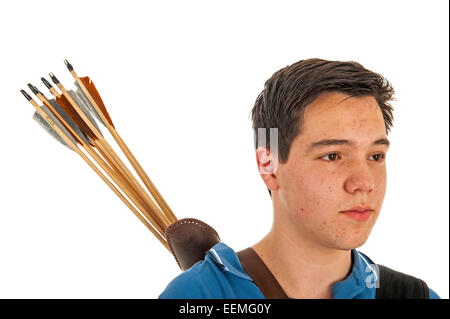Boy shooter with blue shirt and arrows in close up Stock Photo