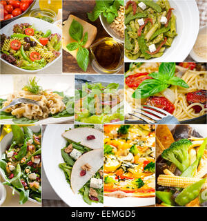 healthy vegetarian pasta soup salad pizza Italian food staples collage Stock Photo