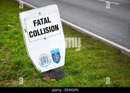 Police signs near the scene of a fatal accident on a rural road Stock Photo