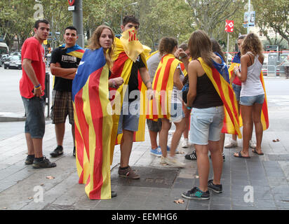 Young Catalans celebrating the National Day of Catalonia (Diada Nacional de Catalunya) 11 September, Barcelona. Stock Photo