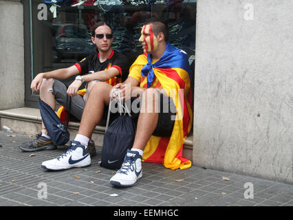 Young Catalans celebrating the National Day of Catalonia (Diada Nacional de Catalunya) 11 September, Barcelona. Stock Photo