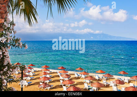 Lounge chairs and parasols on a private beach. Kusadasi, Aydin Province, Turkey. Stock Photo