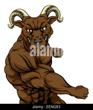 Tough mean muscular ram character or sports mascot in a fight punching with fist Stock Photo