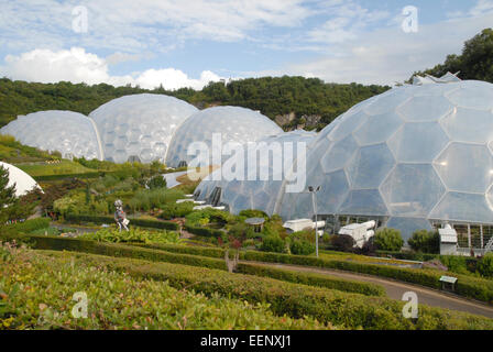 Eden Project, Cornwall, UK, showing the Mediterranean Biome (right) and the Rain forest Biome (left). Stock Photo