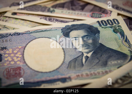 Closeup of a pile of Japanese yen. Stock Photo