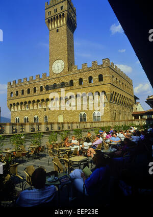 The Palazzo Vecchio seen from the Uffizi Gallery Cafeteria terrace, Florence. Italy, Europe Stock Photo