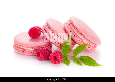 Pink raspberry macaron cookies. Isolated on white background Stock Photo
