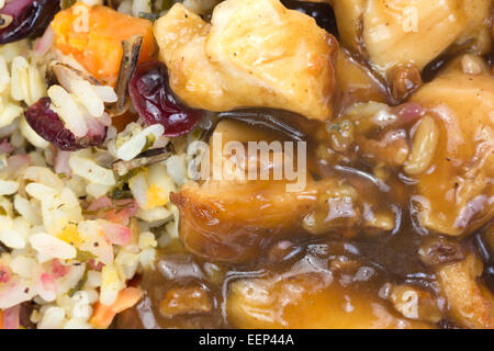 A very close view of chicken in a pecan sauce with rice TV dinner. Stock Photo