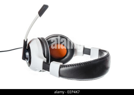 Black and white pc or computer headphones with microphone side view isolated on white. Voip and agency or company internet calls Stock Photo