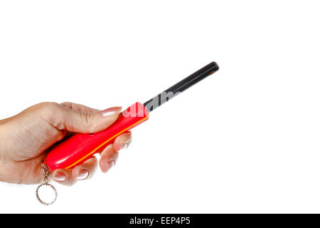 Red gas lighter for kitchen . Object is isolated on white background without shadows. Stock Photo