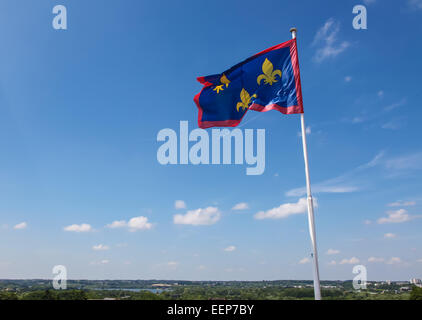 Fleurs-de-lis or Lilly flag at Angers, once capital of Anjou, in Marne-et-Loire, France. This flag was once the flag of France. Stock Photo