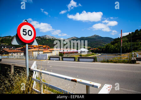 speeding car within city limits, Asturias, Spain Stock Photo