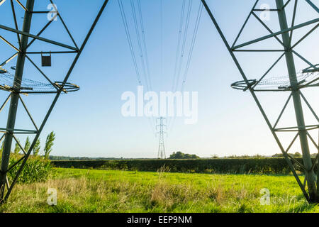 Electricity pylons, UK viewed from beneath a pylon. Nottinghamshire, England, UK Stock Photo