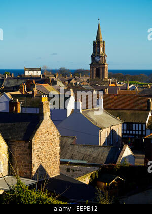 View across Berwick Upon Tweed town centre skyline with the Town Hall spire visible in the distance Northumberland England UK Stock Photo