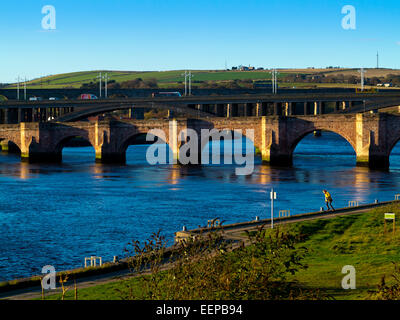 The Old Bridge, The Royal Tweed Bridge and The Royal Border Bridge over the River Tweed at Berwick Upon Tweed Northumberland UK Stock Photo