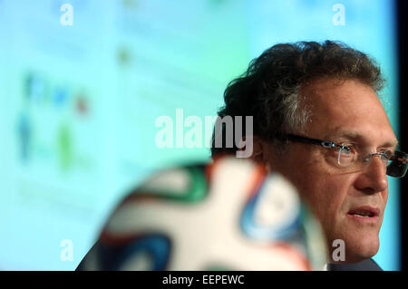 Sao Paulo, Brazil. 20th Jan, 2015. FIFA Secretary General Jerome Valcke speaks during a press conference on 2014 FIFA World Cup Legacy Fund, at Arena Corinthians auditorium, in Sao Paulo, Brazil, on Jan. 20, 2015. © Rahel Patrasso/Xinhua/Alamy Live News Stock Photo