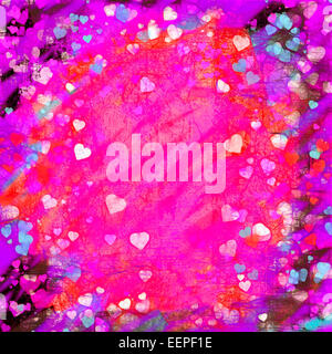 Valentines Day glowing grunge hearts abstract background illustration. Pink center with copy space and black, red, purple, white Stock Photo
