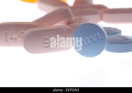 Compares prescription Naprosyn / Naproxen generic to over the counter name brand version Aleve. Stock Photo