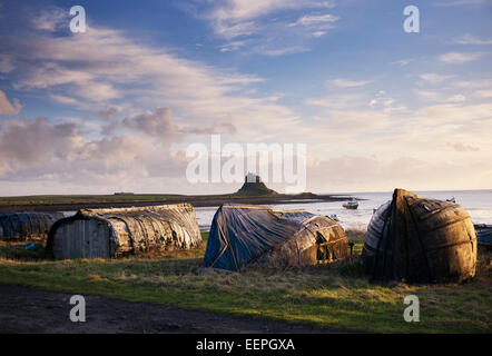 Herring boat shed in the harbour at Lindisfarne at sunrise. Holy Island,  Northumberland, England Stock Photo