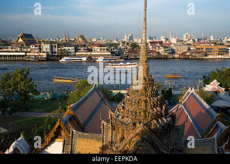 Landscape in sunset of Chao Praya River from Wat Arun Temple. Bangkok. Thailand. Asia. Wat Arun, locally known as Wat Chaeng, is Stock Photo