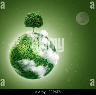 Green planet. Ecology concept. Green planet earth with a tree on  background of space . Go green. Stock Photo
