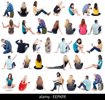 Collection back view of sitting people.  .  backside view of person.  Rear view people set. Isolated over white background. Stock Photo