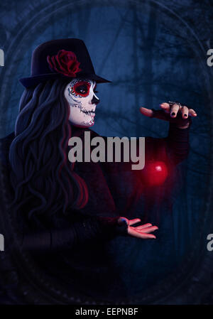 Woman with sugar skull makeup with levitating red apple at dark forest background Stock Photo