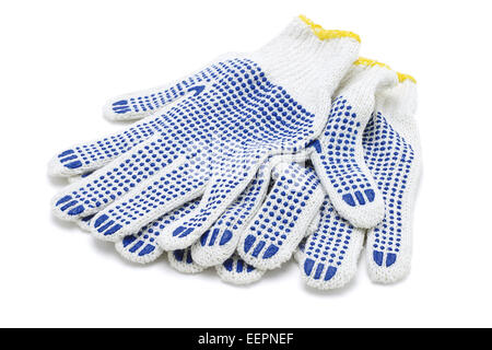White Cotton Gloves With Blue Rubber Studs On White Background Stock Photo