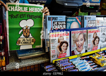 Newspaper stand, Charlie Hebdo, magazine Stock Photo