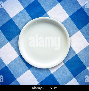 Empty White Plate On A Checked Table Cloth Stock Photo