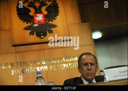 Moscow, Russia. 21st Jan, 2015. Russian Foreign Minister Sergei Lavrov attends a press conference in Moscow, Russia, Jan. 21, 2015. © Dai Tianfang/Xinhua/Alamy Live News Stock Photo