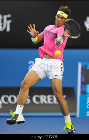 Melbourne, Australia. 21st January, 2015. Australian Open Tennis from Melbourne Park. Rafael Nadal of Spain returns a shot in his match against Tim Smyczek of the USA on day three of the 2015 Australian Open at Melbourne Park, Melbourne, Australia. Credit:  Action Plus Sports Images/Alamy Live News Stock Photo