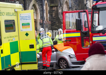 Bowness on Windermere Cumbria UK 21st January 2015. Car crashed into shop .Elderly woman has to be cut out of car -then flown by air ambulance to hospital Credit:  Gordon Shoosmith/Alamy Live News Stock Photo