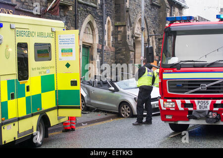 Bowness on Windermere Cumbria UK 21st January 2015. Car crashed into shop .Elderly woman has to be cut out of car -then flown by air ambulance to hospital Credit:  Gordon Shoosmith/Alamy Live News Stock Photo