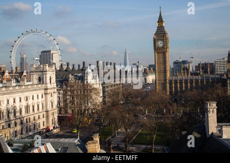 View of Parliament Square looking south with Big Ben,The London Eye and the Shard Stock Photo