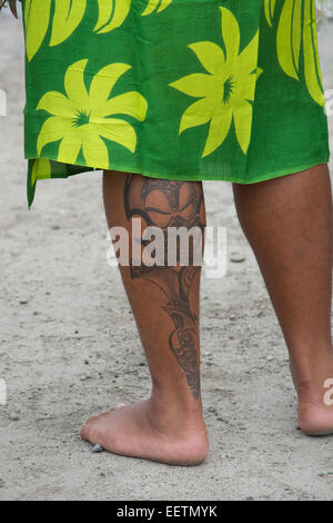 French Polynesia, Gambier Islands (aka Mangareva Islands), Island of Mangareva, town of Rikitea. Man with traditional tattoos. Stock Photo