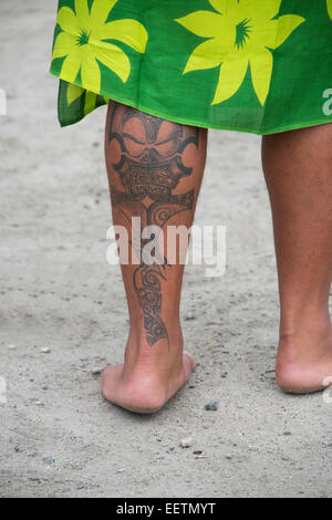 French Polynesia, Gambier Islands (aka Mangareva Islands), Island of Mangareva, town of Rikitea. Man with traditional tattoos. Stock Photo