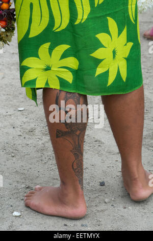 French Polynesia, Gambier Islands (aka Mangareva Islands), Island of Mangareva, town of Rikitea. Man with traditional tattoos. Stock Photo