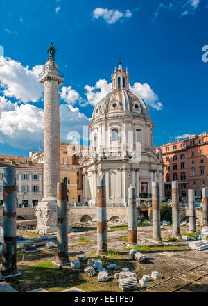 Italy. Rome. Trajan column, churches of Santa Maria di Loreto and Santissima Nome di Maria (Most Holy Name of Mary ),and ruins. Stock Photo