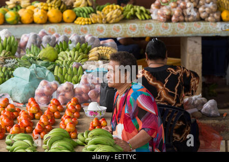 Kingdom of Tonga, Vava'u Islands, Neiafu. Local produce market, vegetable vendor stand. Stock Photo