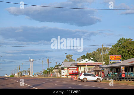 The Barkly Highway through Camooweal, small village with motels, shops and supermarket in north-western Queensland, Australia Stock Photo