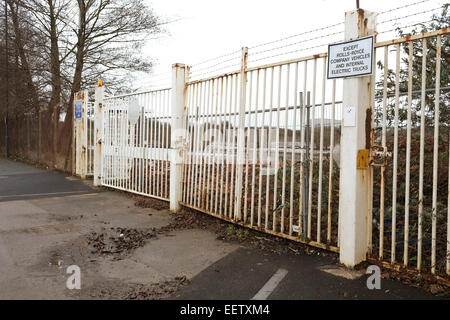 Old gates to the desolate and demolished Rolls Royce factory in Filton, Bristol January 2015 Stock Photo