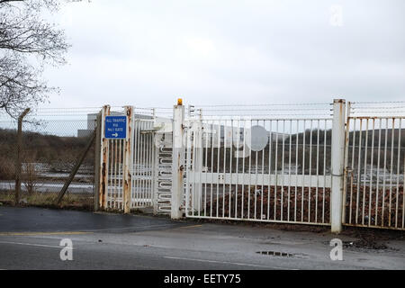 Old gates to the desolate and demolished Rolls Royce factory in Filton, Bristol January 2015 Stock Photo