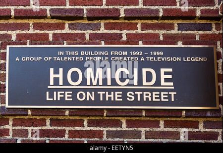 Plaque commemorating the TV serices 'Homicide: Life on the Street', City Recreation Pier, Fell's Point, Baltimore, Maryland, USA Stock Photo