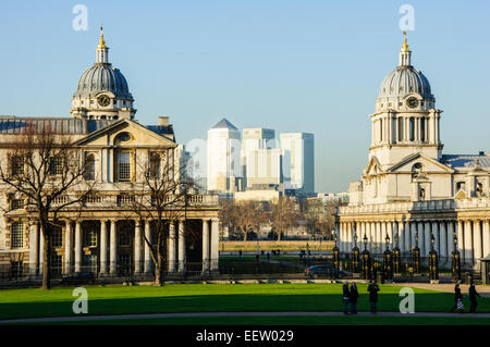 View of Maritime Greenwich, Old Royal Naval College and Canary Wharf in the background. Stock Photo