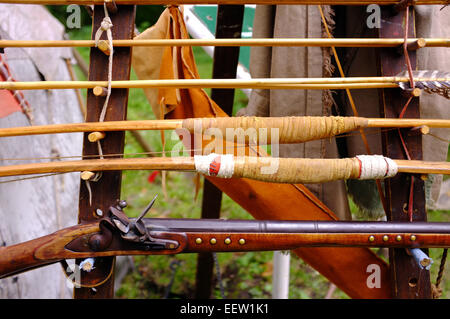 Native Canadian and frontier weapons on a display rack at the Museum of Ontario Archaeology in Canada. Stock Photo