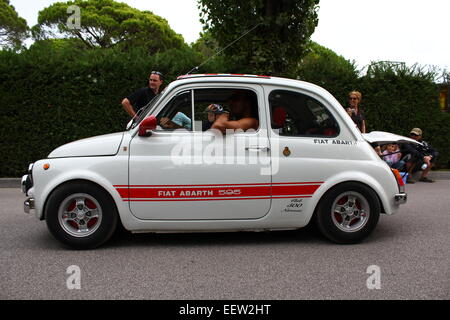 White Fiat 595 Abarth during a Fiat 500 carshow in Cavallino Treporti, Italy Stock Photo